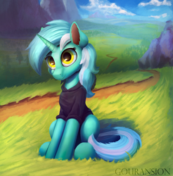 Size: 2464x2509 | Tagged: safe, artist:foxpit, character:lyra heartstrings, species:pony, species:unicorn, g4, clothing, cute, dig the swell hoodie, digital art, digital painting, female, forest, hoodie, looking at you, mare, mountain, outdoors, scenery, signature, sitting, solo, three quarter view