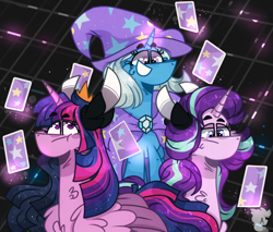 Size: 2000x1700 | Tagged: safe, artist:jxst-starly, character:starlight glimmer, character:trixie, character:twilight sparkle, species:alicorn, species:pony, species:unicorn, g4, abstract background, alicorn princess, cape, card, cheek fluff, clothing, digital background, fanart, fluffy, magic, magic aura, magician hat, magician outfit, unicorn trio