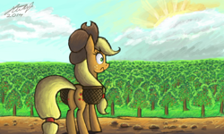 Size: 854x512 | Tagged: safe, artist:dreamyskies, character:applejack, species:pony, g4, amazed, apple, apple tree, applejack's hat, basket, clothing, cloud, cloudy, complex background, cowboy hat, detailed background, female, funny, hat, looking up, mare, morning, scenery, signature, sun, surprised, tree