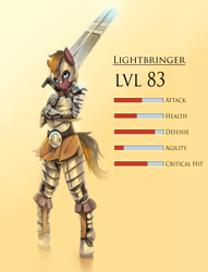 Size: 2200x2886 | Tagged: safe, artist:fruitbloodmilkshake, oc, oc only, species:anthro, species:earth pony, species:pony, species:unguligrade anthro, g4, armor, solo, stats, sword, weapon