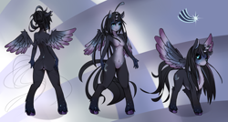 Size: 3739x2000 | Tagged: safe, artist:fruitbloodmilkshake, oc, oc only, oc:starfall, species:alicorn, species:anthro, species:pony, species:unguligrade anthro, g4, alicorn oc, black sclera, breasts, featureless breasts, featureless crotch, female, horn, mare, pale belly, reference sheet, wings