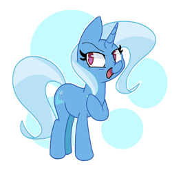 Size: 2500x2500 | Tagged: safe, artist:kindakismet, character:trixie, species:pony, species:unicorn, g4, abstract background, female, high res, mare, no pupils, open mouth, solo