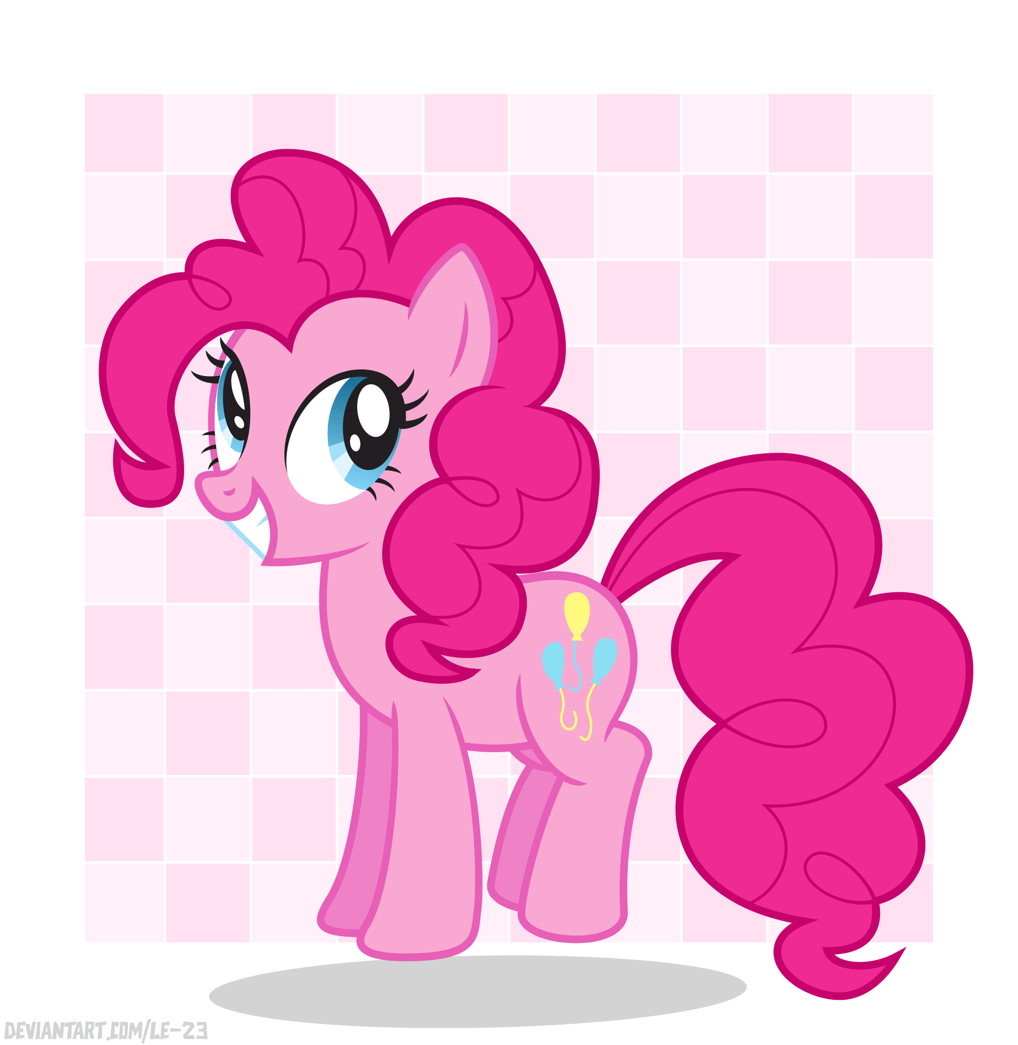 Size: 2006x2059 | Tagged: safe, artist:le-23, character:pinkie pie, species:earth pony, species:pony, g4, animated, checkered background, cute, diapinkes, female, gif, grin, high res, jumping, looking away, smiley face, smiling, solo