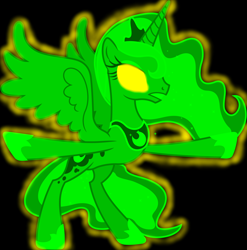 Size: 5700x5780 | Tagged: safe, artist:90sigma, artist:mellow91, edit, character:princess luna, oc, oc:the supreme being, species:alicorn, species:pony, g4, absurd resolution, bipedal, black background, glowing eyes, gritted teeth, possessed, simple background, solo, standing, yellow eyes