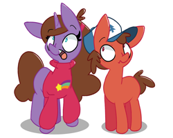 Size: 2500x2000 | Tagged: safe, artist:kindakismet, species:pony, species:unicorn, g4, braces, brother and sister, clothing, dipper pines, female, gravity falls, hat, mabel pines, male, ponified, rainbow, siblings, simple background, sweater, white background