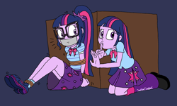Size: 2642x1591 | Tagged: safe, artist:bugssonicx, character:twilight sparkle, character:twilight sparkle (scitwi), species:eqg human, g4, my little pony:equestria girls, arm behind back, bondage, bound and gagged, box, clothing, gag, glasses, rescue, rope, rope bondage, self paradox, shhh, simple background, skirt, tape, tape gag, twolight