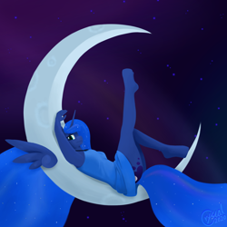 Size: 2000x2000 | Tagged: safe, artist:alicorn-without-horn, character:princess luna, species:alicorn, species:anthro, species:pony, species:unguligrade anthro, g4, clothing, dress, ethereal mane, female, floating wings, moon, night, raised arm, schrödinger's pantsu, solo, stars, tangible heavenly object, transparent moon, wings