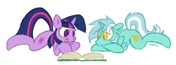 Size: 1148x426 | Tagged: safe, artist:owl-eyes, character:lyra heartstrings, character:twilight sparkle, book, reading, simple background