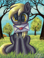 Size: 512x680 | Tagged: safe, artist:dreamyskies, character:derpy hooves, species:pegasus, species:pony, g4, autumn, background pony, blushing, cloud, cloudy, complex background, detailed, detailed background, ditzy doo, female, grass, looking at you, love letter, mare, scenery, signature, sitting, solo