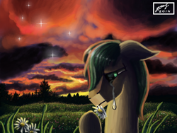 Size: 680x512 | Tagged: safe, artist:dreamyskies, character:daisy, oc, oc only, oc:dreamer skies, species:pegasus, species:pony, g4, bust, cloud, cloudy, crying, dark background, dark clouds, depression, flower, forest, grass, grass field, pegasus oc, portrait, sad, scenery, signature, sparkles, sunset, teary eyes, tree, upset, wings