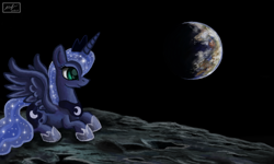 Size: 854x512 | Tagged: safe, artist:dreamyskies, character:princess luna, species:alicorn, species:pony, g4, complex background, earth, moon, scenery, signature, space