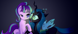 Size: 2000x870 | Tagged: safe, artist:mistleinn, character:queen chrysalis, character:starlight glimmer, species:changeling, species:pony, species:unicorn, g4, changeling queen, female, open mouth
