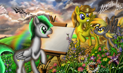 Size: 854x512 | Tagged: safe, artist:dreamyskies, oc, oc:dreamer skies, species:bird, species:pegasus, species:pony, g4, background pony, butterfly, cloud, cloudy, confused, drops, flower, grass, grass field, looking at each other, open mouth, pegasus oc, pony oc, rainbow, scenery, scenery porn, signature, wings