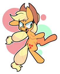 Size: 1800x2200 | Tagged: safe, artist:kindakismet, character:applejack, species:earth pony, species:pony, g4, abstract background, clothing, cowboy hat, female, hat, kicking, mare, simple background, solo