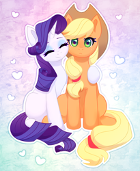 Size: 2077x2529 | Tagged: safe, artist:avrameow, artist:copster, character:applejack, character:rarity, species:earth pony, species:pony, species:unicorn, ship:rarijack, g4, abstract background, collaboration, cute, eyes closed, female, high res, hug, jackabetes, lesbian, mare, raribetes, shipping