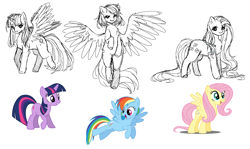 Size: 2576x1539 | Tagged: safe, artist:kawurin, character:fluttershy, character:rainbow dash, character:twilight sparkle, g4, female, simple background, sketch, sketch dump, white background