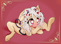 Size: 1200x868 | Tagged: safe, artist:mistleinn, species:demon pony, species:pony, g4, blushing, crossover, demon, female, heart, heart eyes, helltaker, horn, modeus, original species, simple background, sitting, solo, tongue out, white hair, wingding eyes
