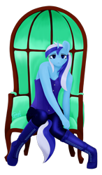 Size: 2522x4317 | Tagged: safe, artist:alicorn-without-horn, character:minuette, species:anthro, species:pony, species:unguligrade anthro, species:unicorn, g4, boots, chair, clothing, corset, female, latex, looking at you, mare, pants, shoes, simple background, solo, transparent background
