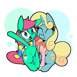 Size: 2048x2048 | Tagged: safe, artist:kindakismet, oc, oc only, oc:minty split, oc:seafoam breeze, species:earth pony, species:pony, species:unicorn, g4, ascot, clothing, duo, female, mare, mother and child, mother and daughter, scarf, shirt, simple background, smiling, waving