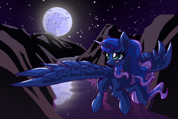 Size: 2400x1600 | Tagged: safe, artist:tuppkam1, character:princess luna, species:alicorn, species:pony, g4, female, flying, full moon, mare, mare in the moon, moon, night, solo, stars