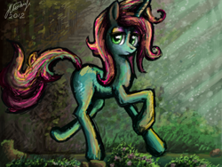 Size: 680x512 | Tagged: safe, artist:dreamyskies, derpibooru original, oc, species:pony, species:unicorn, g4, abstract background, looking at you, rough sketch, scenery, signature, unknown pony, walking away