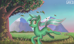 Size: 854x512 | Tagged: safe, artist:dreamyskies, character:lyra heartstrings, species:pony, species:unicorn, g4, background pony, female, fluffy, forest, grass, grass field, happy, leaves, looking at you, mare, mountain, mountain range, open mouth, running, scenery, scenery porn, signature, sunrise, tree, virginia creeper