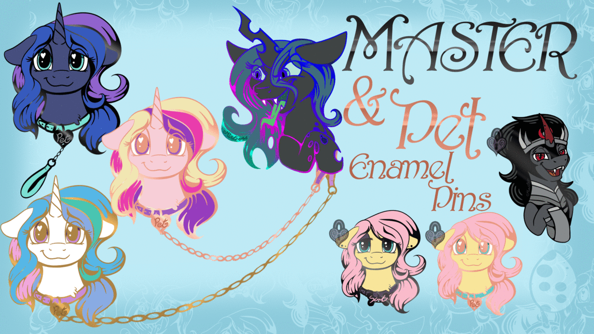 Size: 1200x675 | Tagged: safe, artist:banoodle, character:king sombra, character:princess cadance, character:princess celestia, character:princess luna, character:queen chrysalis, species:alicorn, species:changeling, species:pegasus, species:pony, species:unicorn, g4, alternate timeline, animated, bust, changeling queen, collar, female, femdom, femsub, gif, heart eyes, hoof hold, hoof shoes, leash, lipstick, male, mare, master, night maid rarity, nightmare takeover timeline, pin, raised hoof, smiling, stallion, submissive, tongue out, wingding eyes