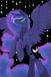 Size: 400x600 | Tagged: safe, artist:banoodle, character:princess luna, species:alicorn, species:pony, g4, ethereal mane, female, galaxy mane, mare, rearing, solo