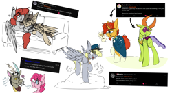 Size: 1920x1042 | Tagged: safe, artist:kirbirb, character:derpy hooves, character:discord, character:pinkie pie, character:sunburst, character:thorax, oc, oc:scarlett lane, oc:snaggletooth, species:changedling, species:changeling, species:draconequus, species:pegasus, species:pony, species:reformed changeling, species:unicorn, g4, candy, cloak, clothing, cloud, couch, crying, cuddling, envy, food, hat, levitation, lolipop, magic, mail, mailbag, mailmare, mailmare hat, request, telekinesis