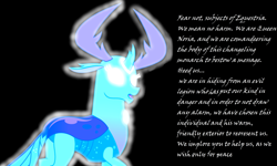 Size: 1478x887 | Tagged: safe, artist:mellow91, artist:sketchmcreations, edit, character:thorax, oc, oc:queen noria, species:changedling, species:changeling, species:reformed changeling, episode:triple threat, g4, my little pony: friendship is magic, black background, dialogue, eyelashes, female, glowing eyes, male, male possessed by female, open mouth, possessed, queen thoria, raised hoof, royal we, rule 63, simple background, solo, text, white eyes
