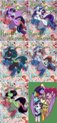 Size: 4076x8679 | Tagged: safe, artist:banoodle, character:applejack, character:cozy glow, character:fluttershy, character:pinkie pie, character:queen chrysalis, character:rainbow dash, character:rarity, character:twilight sparkle, character:twilight sparkle (alicorn), oc, oc:anon, oc:littlepip, species:alicorn, species:changeling, species:earth pony, species:pegasus, species:pony, species:unicorn, fallout equestria, episode:the last problem, g4, my little pony: friendship is magic, changeling queen, christmas, clothing, earth pony oc, female, filly, hat, holiday, horn, mane six, mare, multeity, older, older applejack, older fluttershy, older pinkie pie, older rainbow dash, older rarity, open mouth, princess twilight 2.0, pun, santa hat, smiling, socks, unicorn oc
