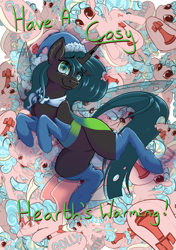 Size: 2039x2892 | Tagged: safe, alternate version, artist:banoodle, character:cozy glow, character:queen chrysalis, species:changeling, species:pegasus, species:pony, g4, changeling queen, christmas, clothing, female, filly, hat, holiday, mare, multeity, pun, santa hat, smiling, socks