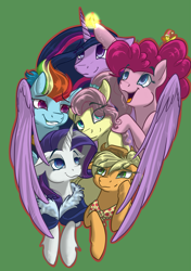 Size: 2039x2894 | Tagged: safe, alternate version, artist:banoodle, character:applejack, character:fluttershy, character:pinkie pie, character:rainbow dash, character:rarity, character:twilight sparkle, character:twilight sparkle (alicorn), species:alicorn, species:earth pony, species:pegasus, species:pony, species:unicorn, episode:the last problem, g4, my little pony: friendship is magic, clothing, female, green background, hat, mane six, mare, older, older applejack, older fluttershy, older mane six, older pinkie pie, older rainbow dash, older rarity, older twilight, open mouth, princess twilight 2.0, simple background, smiling