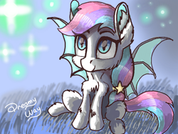 Size: 680x512 | Tagged: safe, artist:dreamyskies, derpibooru original, oc, oc:dreamyway skies, species:bat pony, species:pony, g4, abstract background, bat pony oc, bat wings, chest fluff, cute, dream, ear fluff, female, fluffy, looking up, lowres, mare, night, quick draw, rough, sitting, sketch, smiley face, smiling, solo, sparkles, starry eyes, stars, this will never finish, wingding eyes, wings