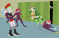 Size: 1474x963 | Tagged: safe, artist:bugssonicx, character:cozy glow, character:melon mint, character:watermelody, g4, my little pony:equestria girls, alizarin bubblegum, bondage, bow, brightly colored ninjas, canterlot high, captured, chloroform, crystal prep academy students, female, fight, implied derpy hooves, kunoichi, lasso, locker, martial arts, mask, ninja, rope, sandals, surprised, sweep kick, sweet leaf
