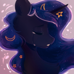 Size: 2500x2500 | Tagged: safe, artist:_mpiesocks, character:princess luna, species:alicorn, species:pony, g4, bust, crying, eyes closed, moon, portrait, stars