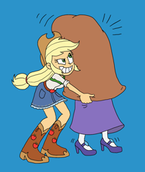 Size: 1598x1896 | Tagged: safe, artist:bugssonicx, character:applejack, character:rarity, species:eqg human, g4, my little pony:equestria girls, abduction, bagged, boots, clothing, covered, cowboy boots, cowboy hat, dress, evil grin, female, grin, hat, hidden face, high heels, jerk, shirt, shoes, simple background, skirt, smiling, smirk