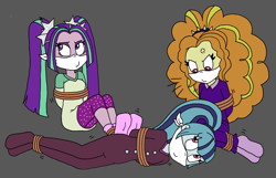 Size: 2580x1664 | Tagged: safe, artist:bugssonicx, character:adagio dazzle, character:aria blaze, character:sonata dusk, g4, my little pony:equestria girls, ariasub, bondage, bound and gagged, buttons, cloth gag, clothing, commission, concerned, cross-popping veins, cute, disguise, disguised siren, female, femsub, footed sleeper, footie pajamas, gag, headband, irritated, onesie, otn gag, over the nose gag, pajamas, pants, pigtails, rope, rope bondage, shirt, siblings, sisters, socks, sonatabetes, sonatasub, subdagio, submissive, t-shirt, tied up, trio, twintails