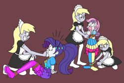 Size: 2581x1736 | Tagged: safe, artist:bugssonicx, character:derpy hooves, character:rarity, character:sweetie belle, g4, my little pony:equestria girls, bondage, bound and gagged, clones, cloth gag, clothing, commission, cute, evil grin, female, femsub, french maid, gag, grin, headband, irritated, jacket, leggings, maid, makes just as much sense in context, multeity, music festival outfit, ponytail, rarisub, rope, rope bondage, scared, siblings, sisters, smiling, socks, stuffed gag, submissive, sweetiesub, tied up, triality