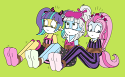 Size: 2676x1664 | Tagged: safe, artist:bugssonicx, character:photo finish, g4, my little pony:equestria girls, bare arms, bondage, bound and gagged, cloth gag, clothing, commission, cute, female, gag, headband, irritated, kidnapped, legs, looking up, nightgown, nightshirt, otn gag, over the nose gag, pajamas, pants, pigtails, pixel pizazz, ponytail, rope, rope bondage, scared, sleep mask, socks, tied up, trio, twintails, violet blurr