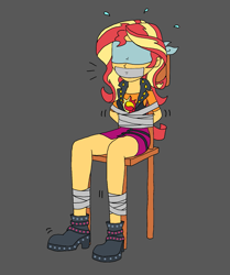 Size: 1333x1597 | Tagged: safe, artist:bugssonicx, character:sunset shimmer, species:eqg human, g4, my little pony:equestria girls, ankle boots, blindfold, blindfolded, bondage, boots, bound and gagged, chair, clothing, cute, cutie mark, cutie mark on clothes, duct tape, female, femsub, gag, jacket, kidnapped, legs, literal metaphor, shirt, shoes, sitting, skirt, solo, struggling, submissive, subset, tape, tape bondage, tape gag, tied to chair, tied up