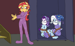 Size: 1746x1083 | Tagged: safe, artist:bugssonicx, character:starlight glimmer, character:sunset shimmer, character:trixie, g4, my little pony:equestria girls, annoyed, bags under eyes, bed hair, bondage, bound and gagged, cloth gag, clothing, commission, female, femsub, footed sleeper, footie pajamas, gag, hat, irritated, kite, looking up, messy hair, nightcap, not in the mood, onesie, otn gag, over the nose gag, pajamas, pattern, rope, rope bondage, staircase, starlight is not amused, struggling, sublight glimmer, submissive, sunset shimmer is not amused, sunset's apartment, that pony sure does love kites, the weak and powerless trixie, tied up, trio, trio female, trixie's hat, trixsub, unamused