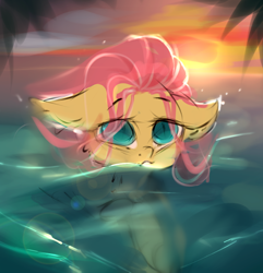 Size: 826x858 | Tagged: safe, artist:haokan, character:fluttershy, species:pegasus, species:pony, g4, beach, cute, female, sketch, solo, sunset, swimming, unfinished art, water, wave, wip