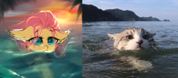 Size: 1788x790 | Tagged: safe, artist:haokan, character:fluttershy, species:pegasus, species:pony, g4, beach, cat, cute, female, mare, ponified animal photo, sketch, solo, sunset, swimming, unfinished art, water, wave, wip