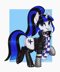 Size: 1698x2048 | Tagged: safe, artist:taytinabelle, oc, oc only, oc:coldlight bluestar, species:pony, species:unicorn, g4, boots, bracelet, butt, chest fluff, choker, clothing, collar, cutie mark necklace, dock, ear fluff, female, fishnets, happy, hoof boots, jacket, jewelry, leather, leather boots, leather jacket, lipstick, looking at you, mare, necklace, open mouth, ponytail, popped collar, raffle prize, raised hoof, raised tail, rolled up sleeves, scarf, shoes, side view, simple background, smiling, solo, studded bracelet, studded choker, tail