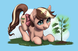 Size: 2776x1830 | Tagged: safe, artist:taytinabelle, oc, oc only, oc:mocha sprout, species:pony, species:unicorn, g4, bow, braided tail, chest fluff, cute, ear fluff, eye reflection, face down ass up, female, grass, hair bow, hair bun, happy, looking down, magic, mare, plant, raised tail, reflection, simple background, smiling, solo, tail, unshorn fetlocks