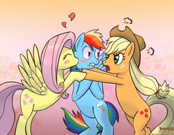 Size: 2200x1700 | Tagged: safe, artist:peichenphilip, character:applejack, character:fluttershy, character:rainbow dash, ship:appledash, ship:flutterdash, angry, blushing, female, flutterappledash, heart, kissing, lesbian, love triangle, shipping