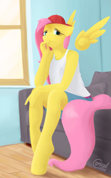 Size: 1517x2427 | Tagged: safe, artist:alicorn-without-horn, character:fluttershy, species:anthro, species:pegasus, species:pony, species:unguligrade anthro, g4, 90s grunge fluttershy, baseball cap, cap, clothing, couch, female, floating wings, hat, room, sitting, solo, window, wings