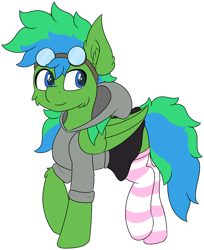 Size: 4139x5076 | Tagged: safe, alternate version, artist:skylarpalette, oc, oc only, oc:shockie, species:pegasus, species:pony, g4, blue eyes, cheek fluff, clothing, colored, crossdressing, cute, ear fluff, flat colors, fluffy, goggles, green fur, happy, hoodie, long tail, looking back, male, pegassus, pegasus oc, short shirt, simple background, skirt, smiling, socks, stallion, transparent background, walking, wings