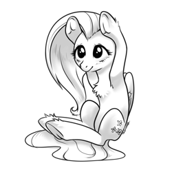 Size: 2211x2211 | Tagged: safe, artist:taytinabelle, character:fluttershy, species:pegasus, species:pony, g4, black and white, chest fluff, cute, female, frog (hoof), grayscale, mare, monochrome, raised hoof, shyabetes, simple background, sitting, smiling, solo, underhoof, unshorn fetlocks, white background
